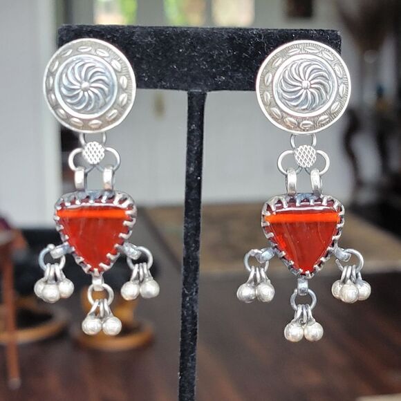 Sterling Red Handcrafted Glass Boho Artisan Drop Earrings - Picture 4 of 10